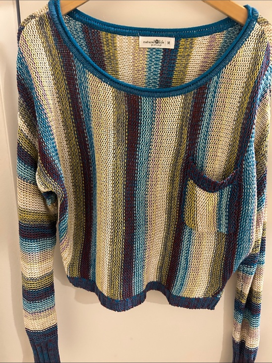 NATURAL LIFE Sweaters - Natural Life Striped Lightweight Knit Sweater - Teal/Blue/Yellow